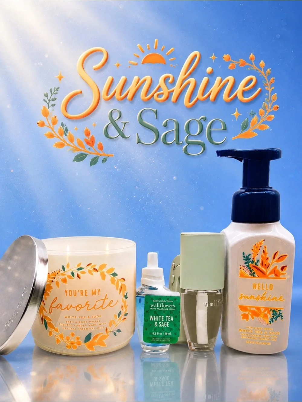 BBW White Tea & Sage Candle Wallflower Scent Control Gift Set